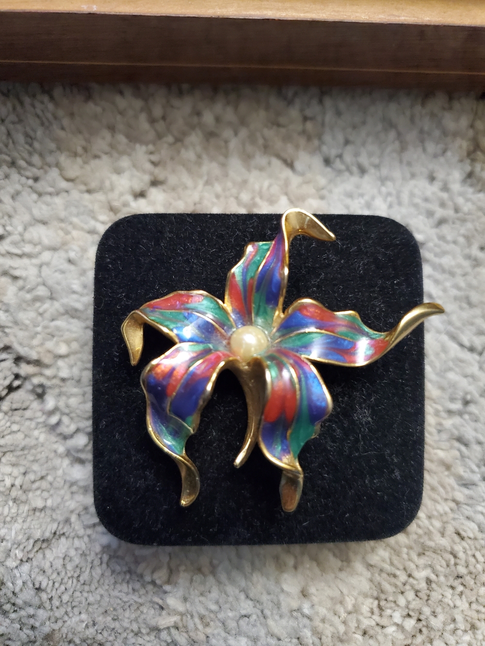 Multicolor Enamel Floral Brooch with Faux Pearl Center